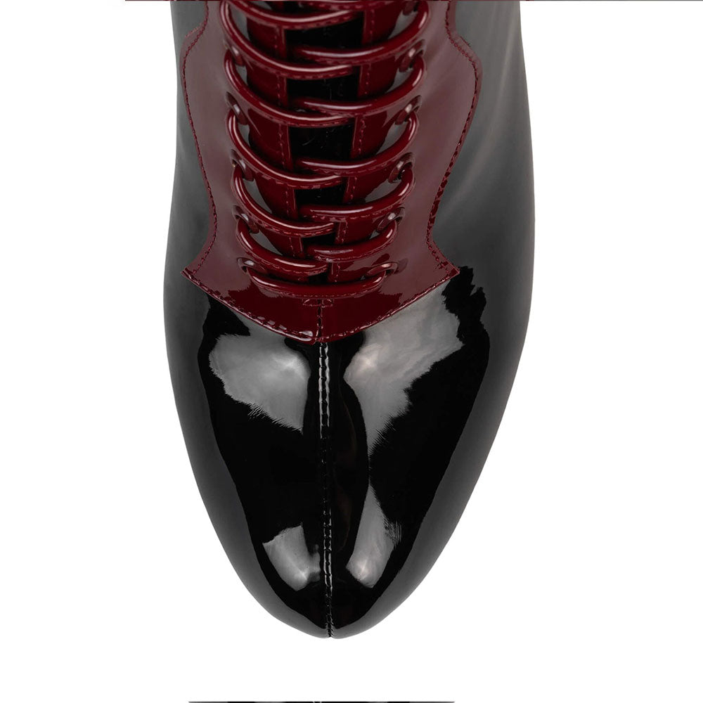 Black & Red Patent Leather Lace-Up Stiletto Heel Knee High Boots