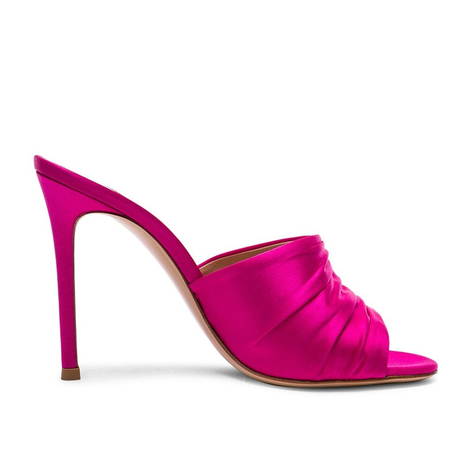Women's Hot Pink Peep Toe Ruched Stiletto Heel Mules Sandals
