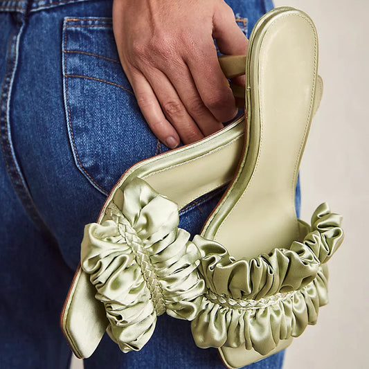Light Green Satin Ruched Strap Square Toe Mule Heels for Women