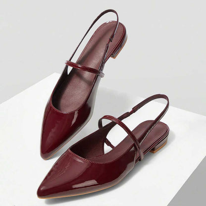 Burgundy Patent Leather Pointed Toe Flats Slingback Shoes for Women