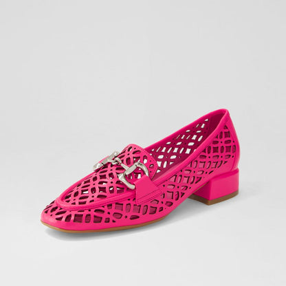 Hot Pink Square Toe Cutout Heeled Loafers with Horsebit