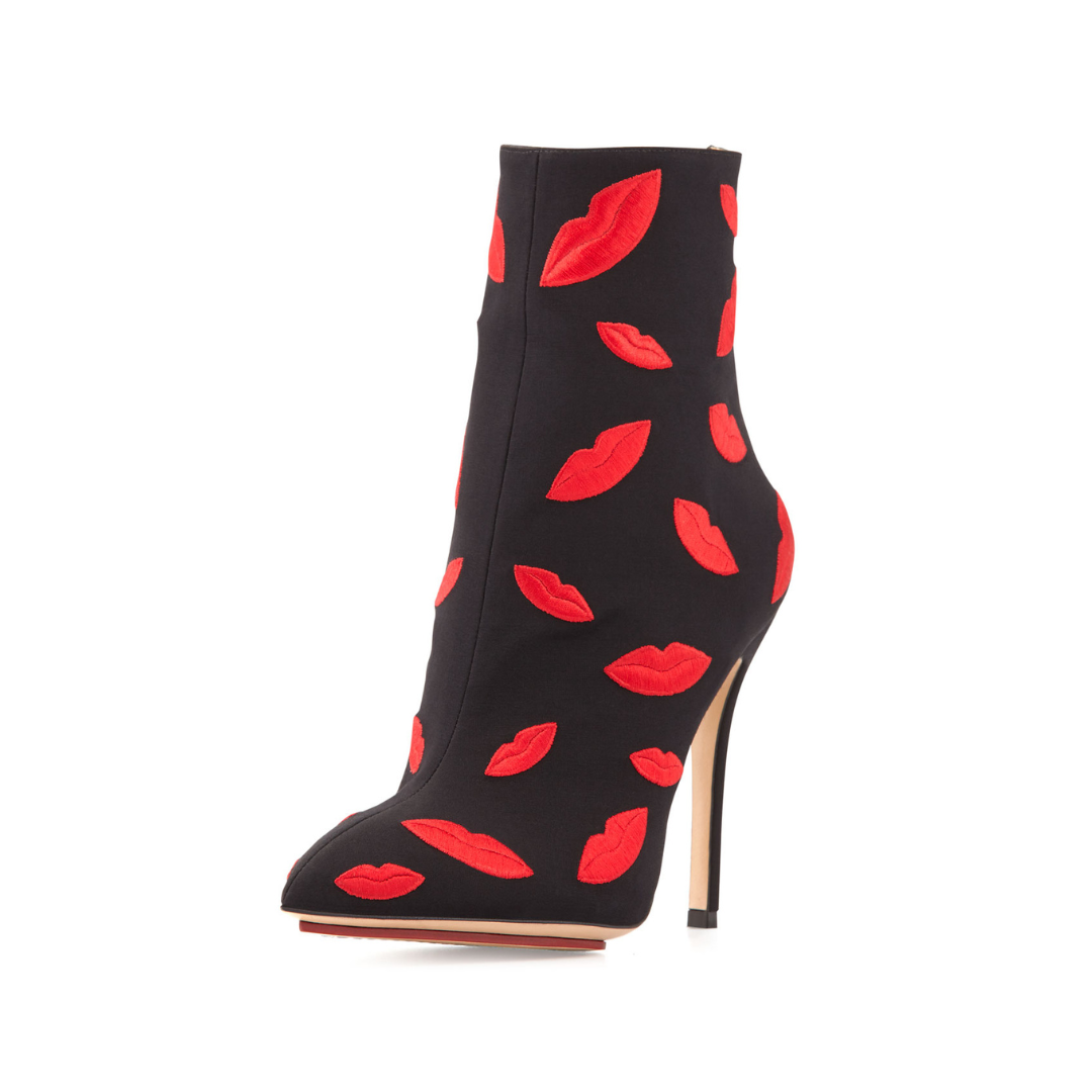 Black Ankle Boots Lips Embroidered Stiletto Heel Booties for Women