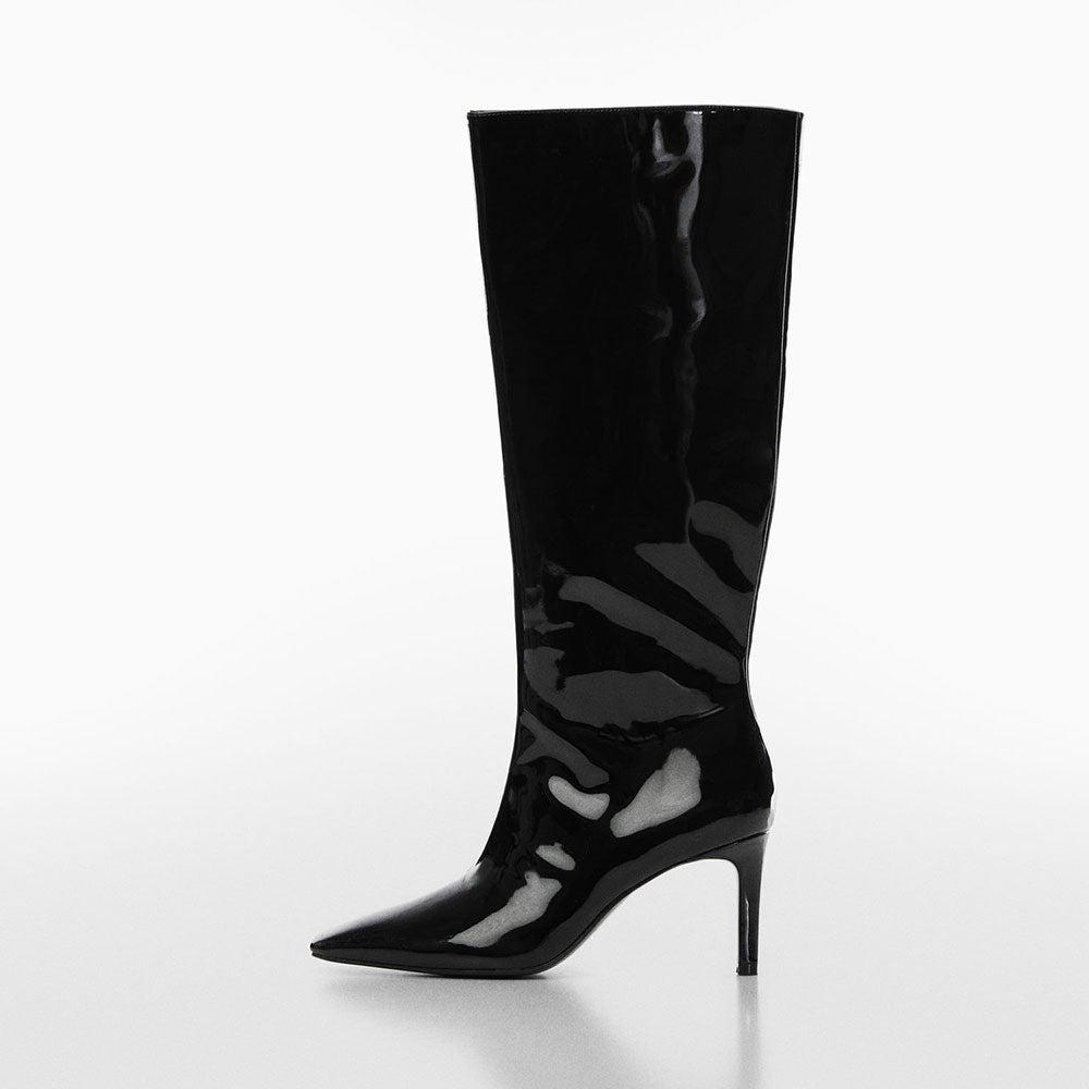 Black Square Toe Stiletto Heel Wide Calf Knee High Boots