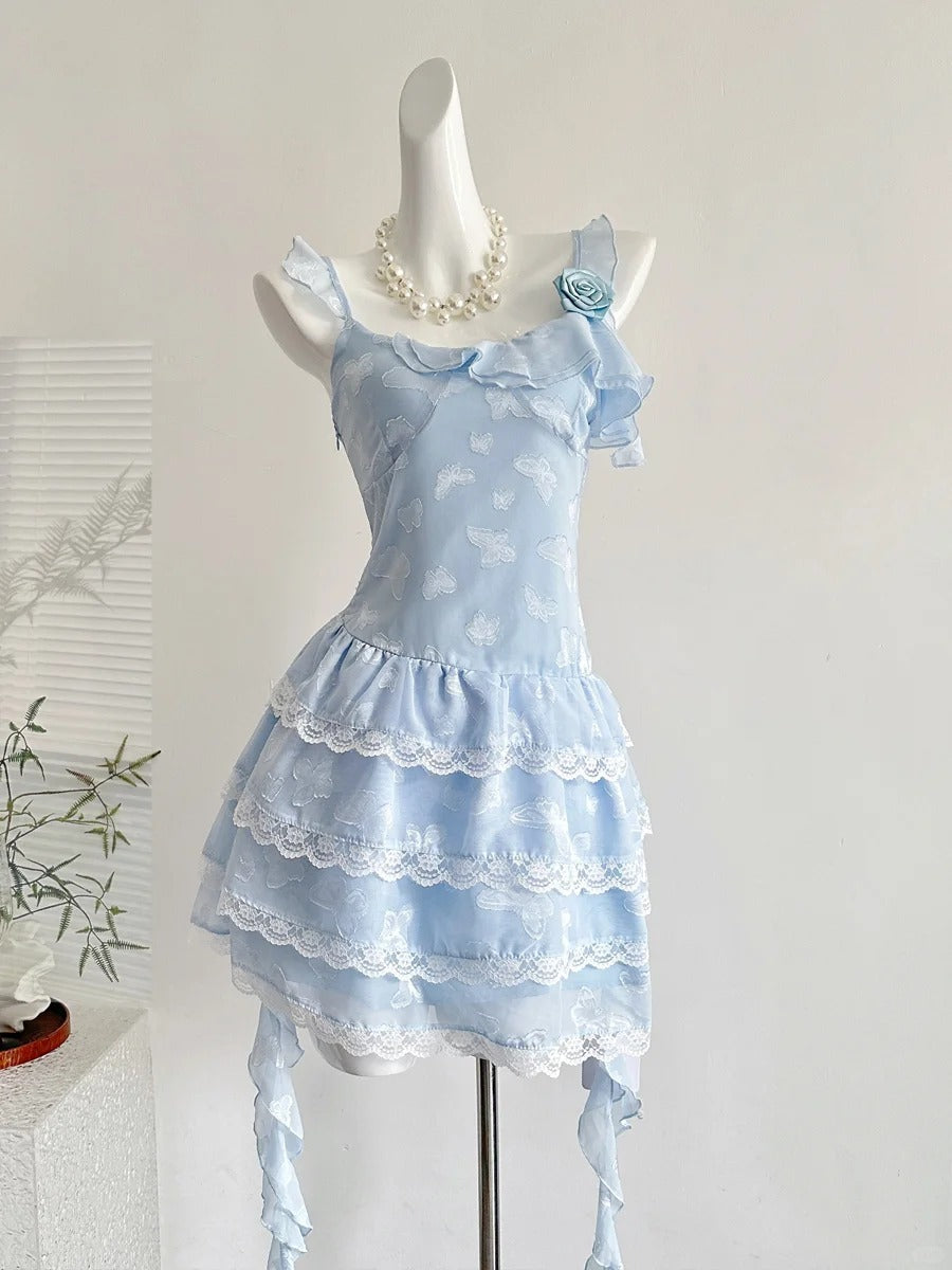 Sweet Light Blue Cake Skirt Multi-layer Lace Chiffon Short 16th Birthday Homecoming Dress P3994