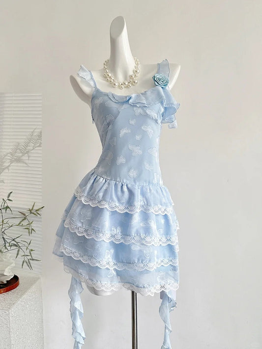 Sweet Light Blue Cake Skirt Multi-layer Lace Chiffon Short 16th Birthday Homecoming Dress P3994