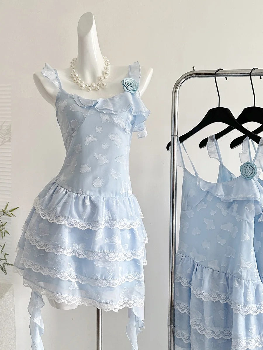 Sweet Light Blue Cake Skirt Multi-layer Lace Chiffon Short 16th Birthday Homecoming Dress P3994