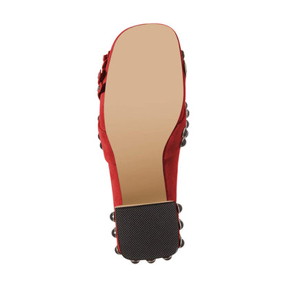 Women's Red Vegan Suede Square Toe Studded Fringe Heeled Loafers