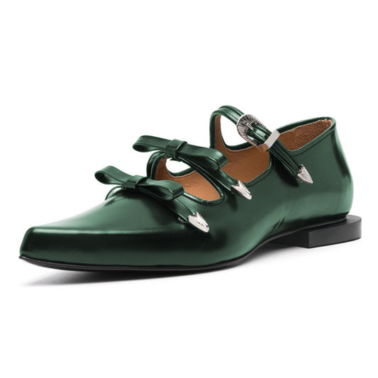Dark Green Bows Pointed Toe Buckle Strap Flats Shoes for Women