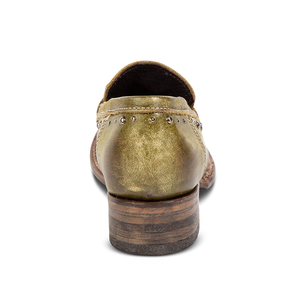 Distressed Olive Green Round Toe Block Heel Studded Women's Loafers