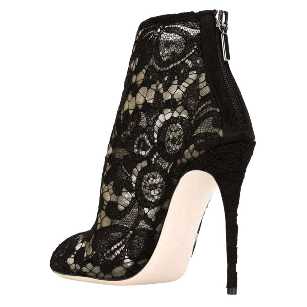 Black Floral Lace Peep Toe Booties Elegant Stiletto Heel Ankle Boots