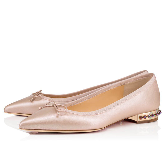 Blush Pointed Toe Rivets Comfortable Flats with Bow