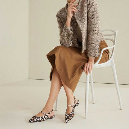 White & Brown Vegan Suede Leopard Print Pointy Toe Slingback Flats