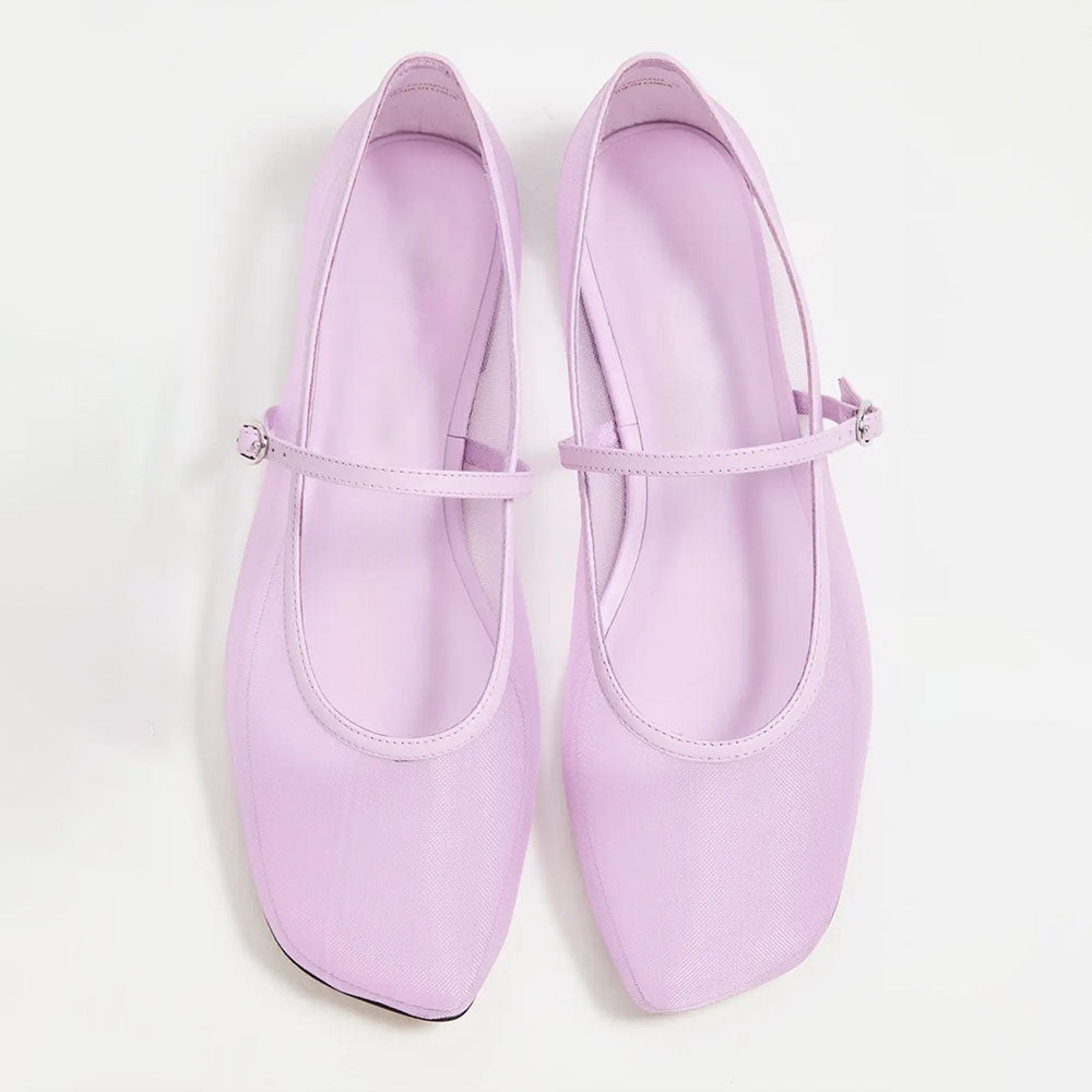 Lavender Mesh Square Toe Buckled Bridge Strap Mary Jane Flats