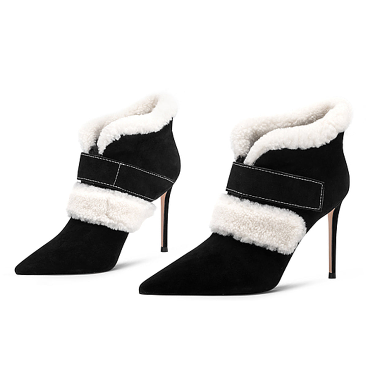 Black & White Pointed Toe Stiletto Heel Faux Fur Ankle Boots for Women