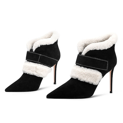 Black & White Pointed Toe Stiletto Heel Faux Fur Ankle Boots for Women