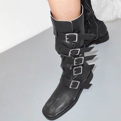 Black Square Toe Multi Buckle Straps Flat Mid Calf Boots with Zipper