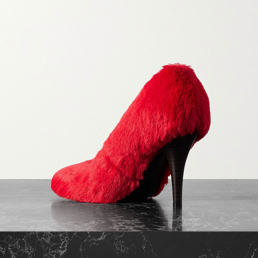 Women's Red Round Toe Shaggy Faux Fur Pumps Heels