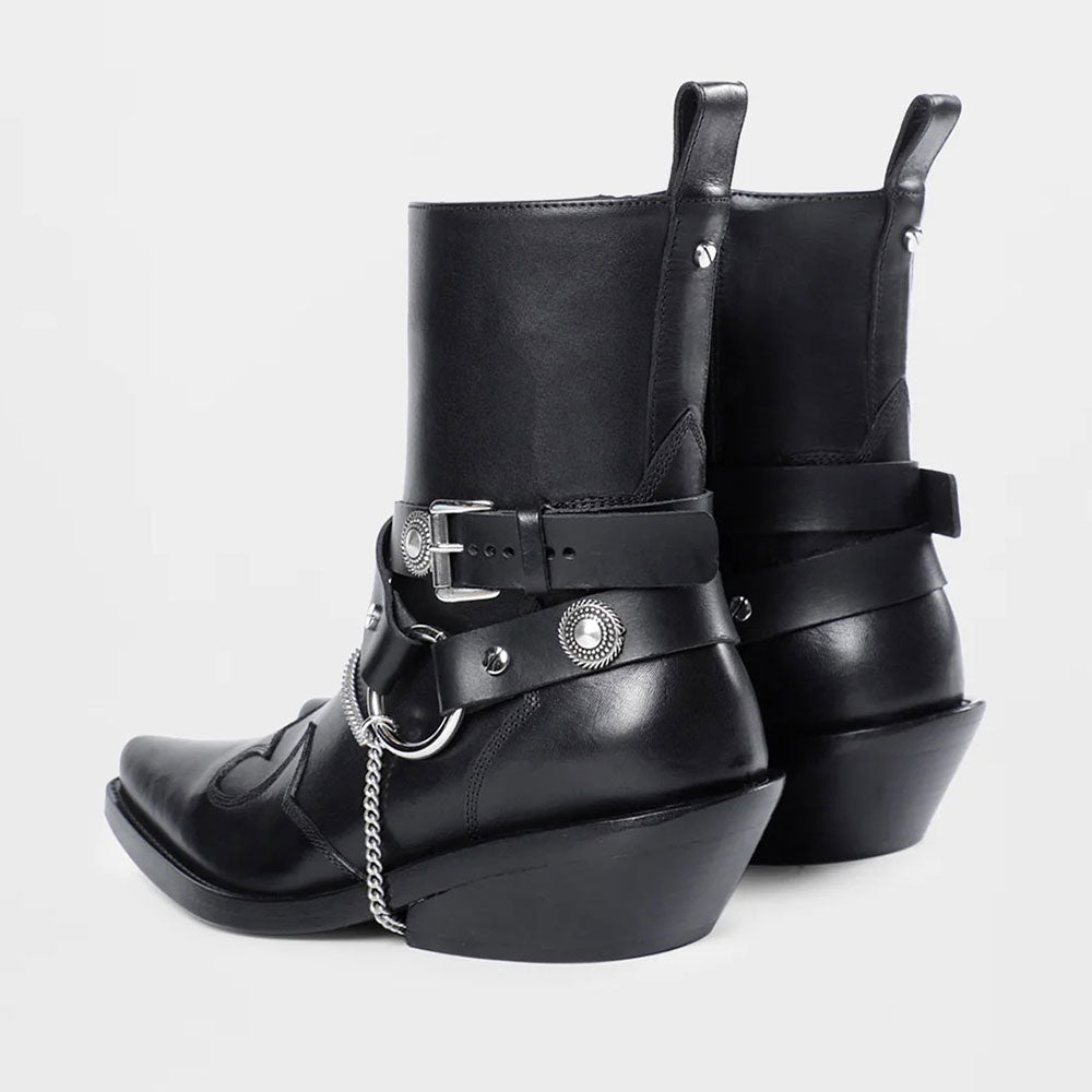 Black Pointed Toe Chain Chunky Heel Hardware Decor Strap Ankle Boots