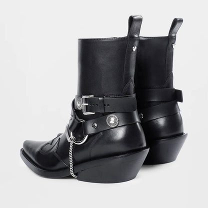 Black Pointed Toe Chain Chunky Heel Hardware Decor Strap Ankle Boots