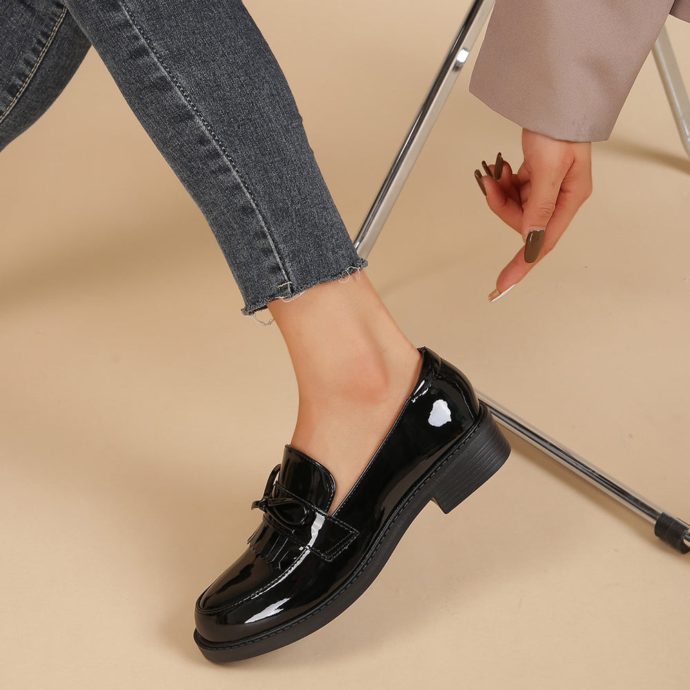 Black Patent Leather Closed Toe Chunky Heel Formal Loafers