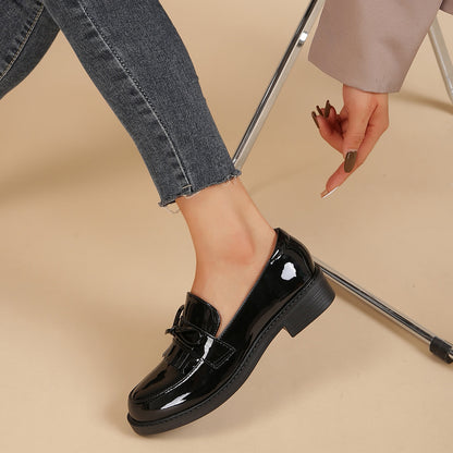 Black Patent Leather Closed Toe Chunky Heel Formal Loafers