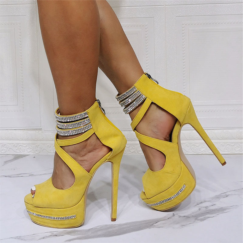 Yellow Platform Pumps Crisscross Straps Y2K Shoes Peep Toe Heels