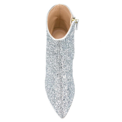 Women's Sparkly Pointed Toe Kitten Heel Glitter Ankle Boots in Silver