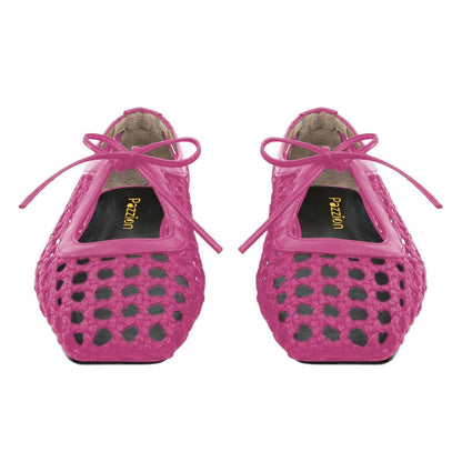 Elegant Fuchsia Closed Toe Cut-Out Braided Ballet Flats with Lace Up