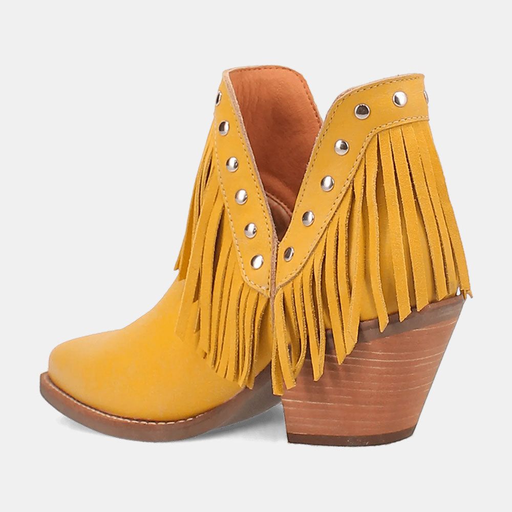 Yellow Fringe Snip Toe Studded Chunky Heel Short Boots for Women