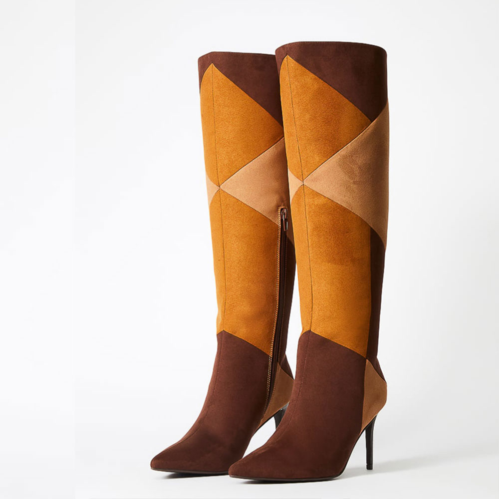 Brown Vegan Suede Patchwork Pointed Toe Stilettos Knee High Boots