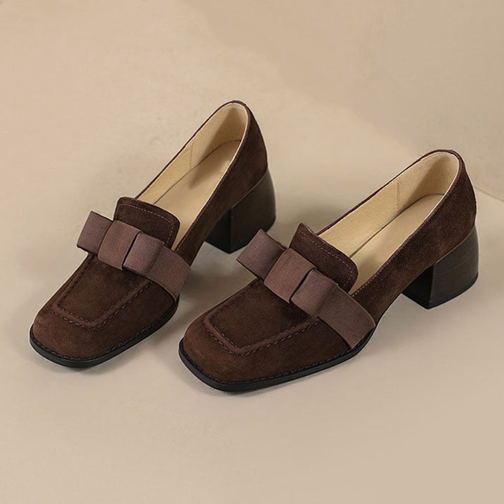 Brown Faux Suede Square Toe Chunky Heel Loafers with Bow