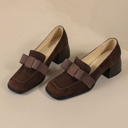 Brown Faux Suede Square Toe Chunky Heel Loafers with Bow