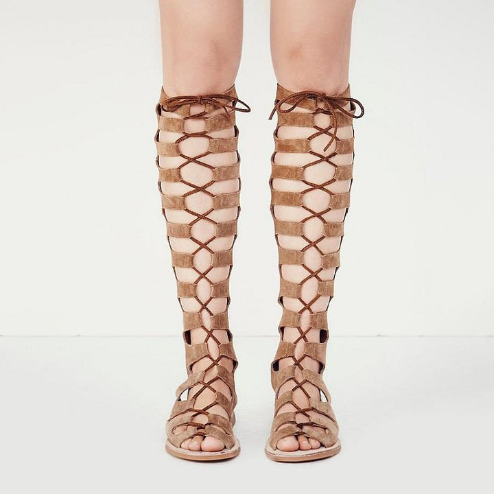 Khaki Gladiator Sandals Vegan Suede Comfortable Lace Up Flats