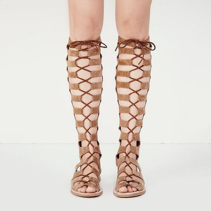 Khaki Gladiator Sandals Vegan Suede Comfortable Lace Up Flats