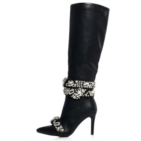 FSJ Black Pointed Toe Stiletto Mid Calf Boots with Crystal Band