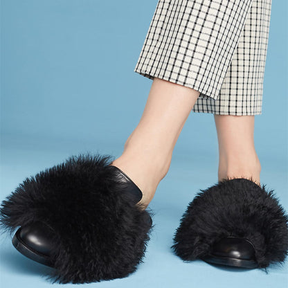 Black Round Toe Faux Fur Flat Mule Loafers for Women