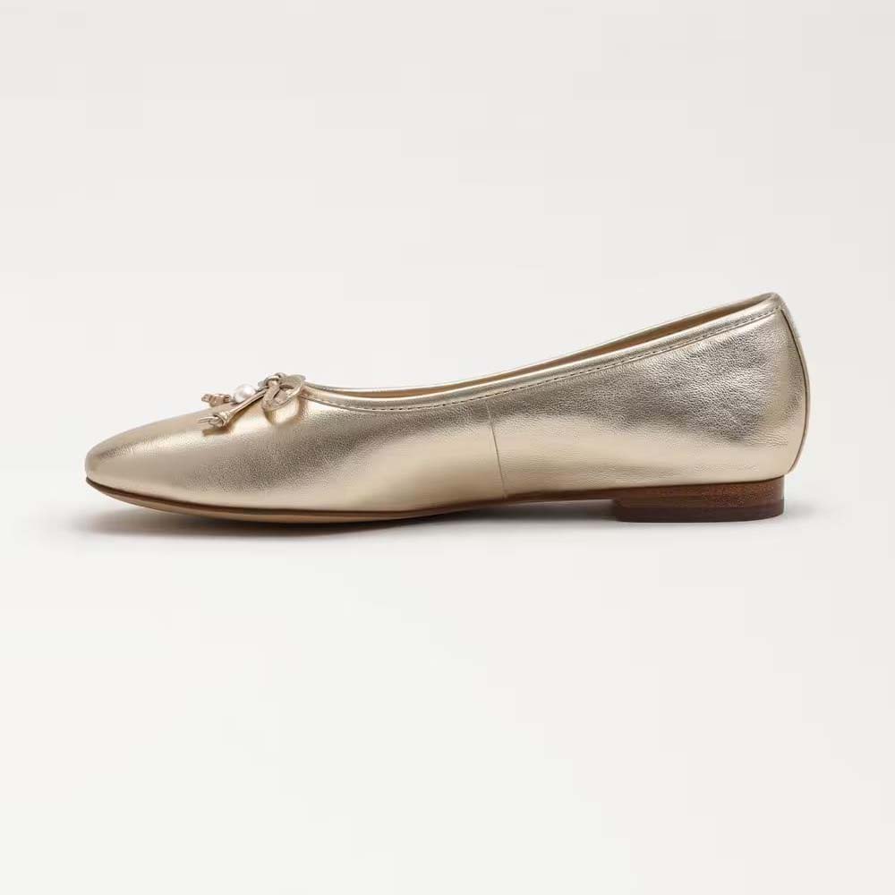 Gold Square Toe Ballet Flats With Bow Pearl Decor