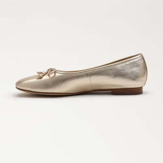 Gold Square Toe Ballet Flats With Bow Pearl Decor