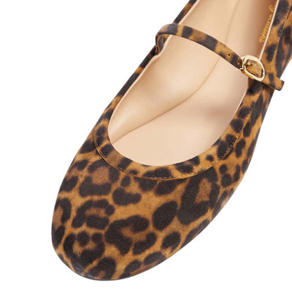 Women's Vegan Suede Round Toe Leopard Flats with Buckle Strap