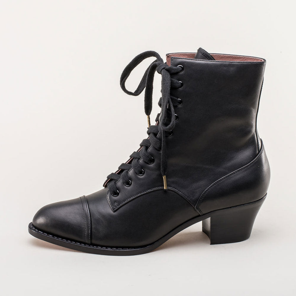Black Lace-Up Chunky Heel Ankle Boots for Women with Almond Toe
