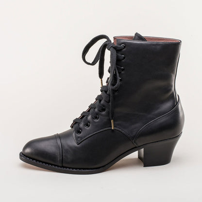 Black Lace-Up Chunky Heel Ankle Boots for Women with Almond Toe