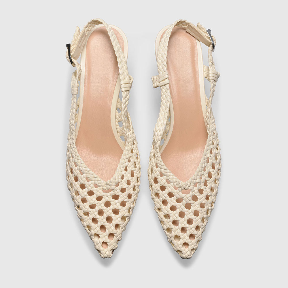 Beige Pointed Toe Hollow-Out Woven Slingback Heeled Sandals for Women