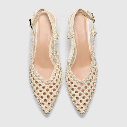 Beige Pointed Toe Hollow-Out Woven Slingback Heeled Sandals for Women