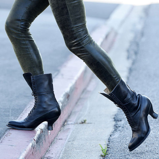 Vintage Lace-Up Almond Toe Spool Heel Mid Calf Boots in Black