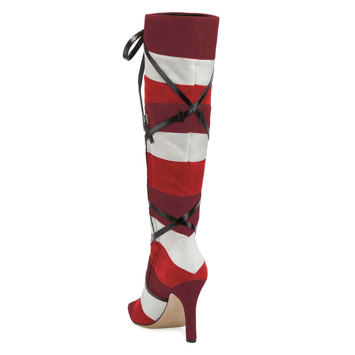 Three Tone Patchwork Heeled Knee High Boots with Black Strappy