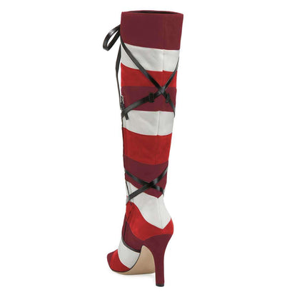 Three Tone Patchwork Heeled Knee High Boots with Black Strappy