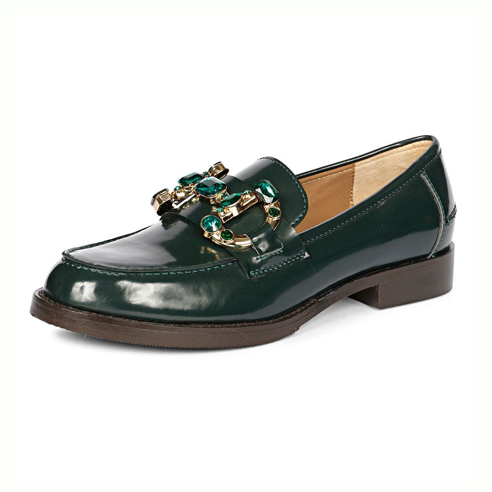 FSJ Luxurious Dark Green Round Toe Jewelry Flat Horsebit Loafers