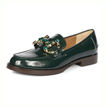 FSJ Luxurious Dark Green Round Toe Jewelry Flat Horsebit Loafers
