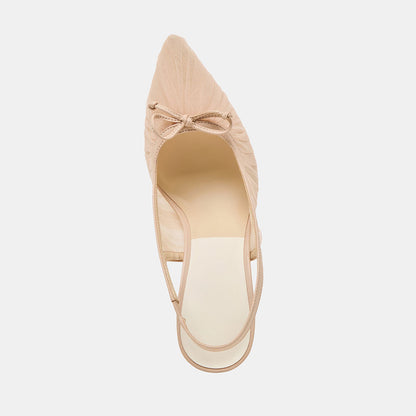 Nude Mesh Pointed Toe Pleated Detail Slingback Pumps with Bow