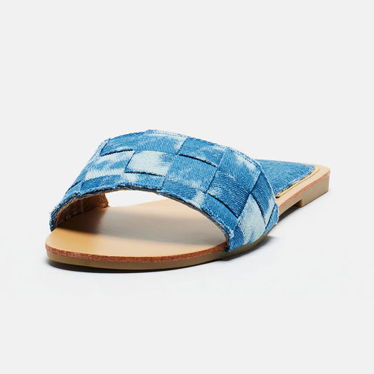 Blue Denim Open Toe Woven Vamp Detail Flat Sandals for Women
